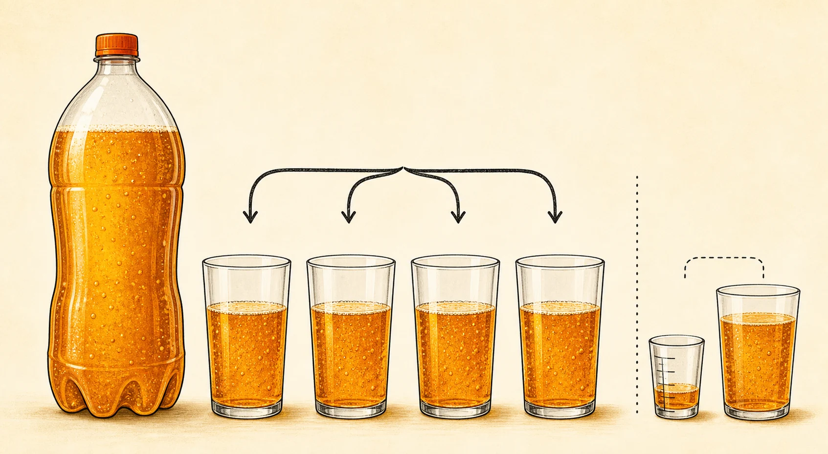 Unbranded illustration of a soft-drink bottle divided into four equal glasses.